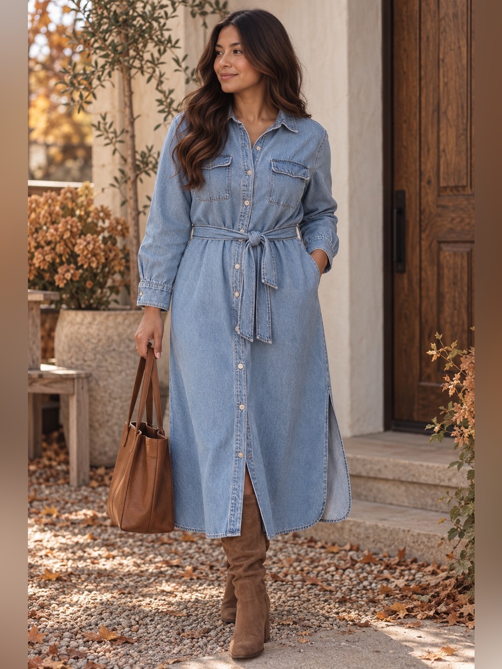 H&M Light Blue Cotton Denim Longsleeves Dress with Tie Waist